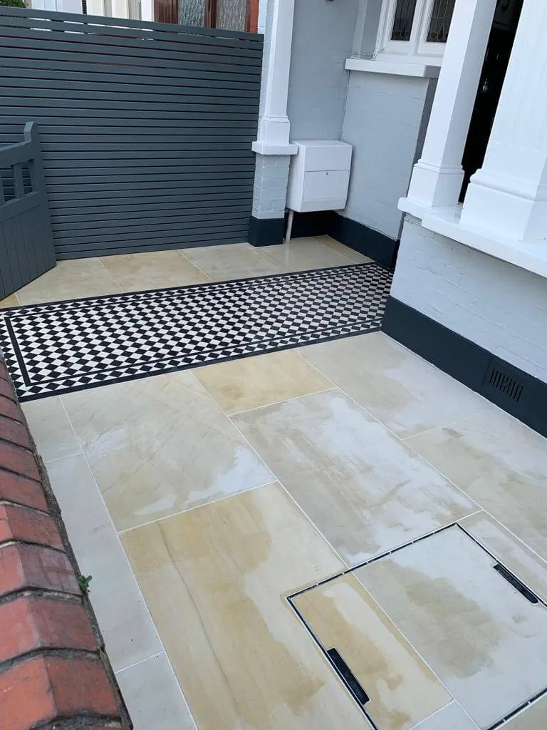 white patio with long Victorian tiles 